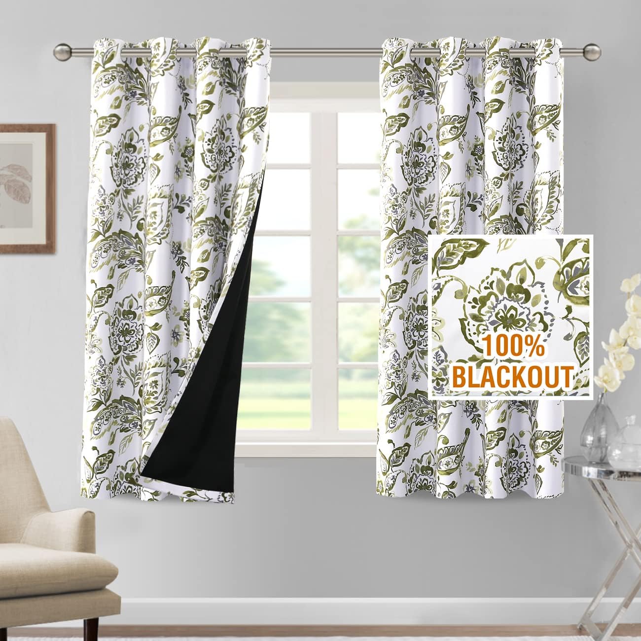H.VERSAILTEX 100% Blackout Curtains for Living Room Camellia Floral Thermal Insulated Grommet Window Drapes 2 Panels