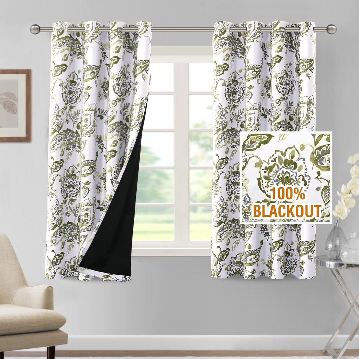 H.VERSAILTEX 100% Blackout Curtains for Living Room Camellia Floral Thermal Insulated Grommet Window Drapes 2 Panels