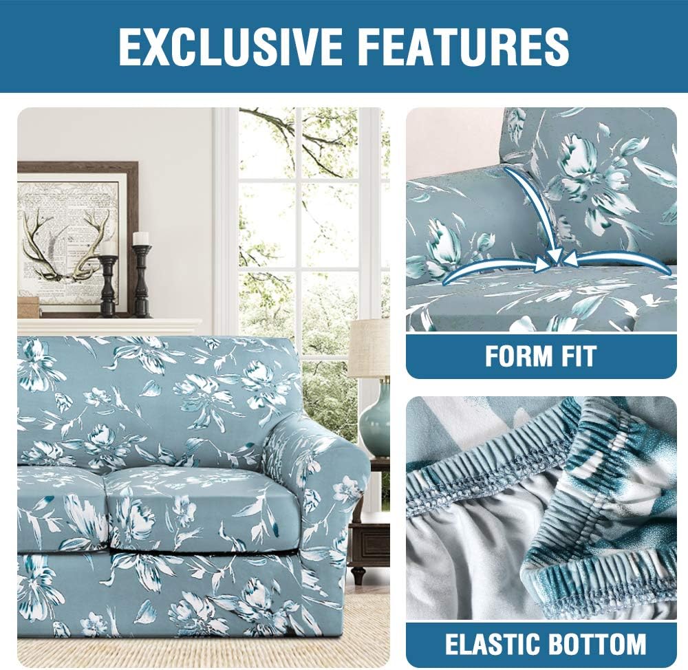 H.VERSAILTEX Super Stretch 3 Pieces Sofa Covers for 2 Cushion Couch Covers Sofa Slipcovers Feature Soft Thick Bouncy Modern Style with Individual Cushion Covers Pet Friendly - Loveseat, Aqua