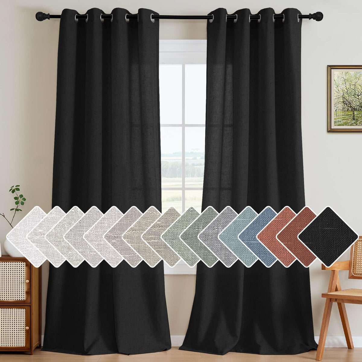H.VERSAILTEX Natural Linen Curtains 63 inches Long for Living Room 2 Panels Back Tab Loop Pocket Textured Light Filtering Semi Sheer Curtains Rustic Farmhouse Boho Curtain for Bedroom, Sea Grass