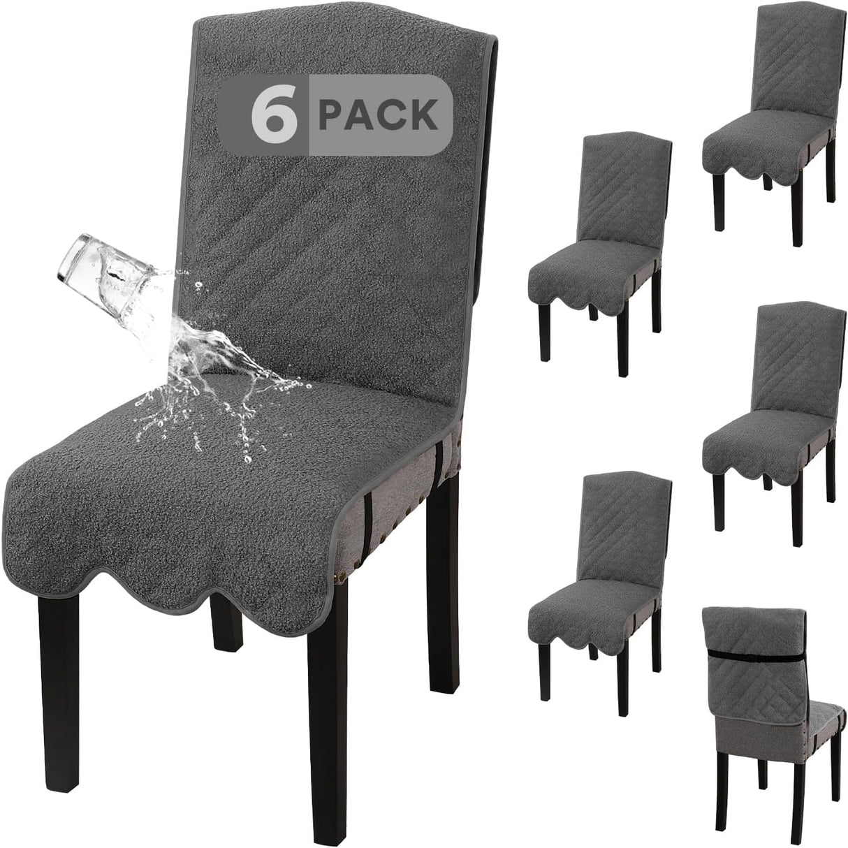 H.VERSAILTEX 100% Waterproof Dining Chair Covers Set of 6 Teddy Fleece Kitchen Chair Covers Parson Chair Slipcovers for Kitchen Dining Room, Charcoal