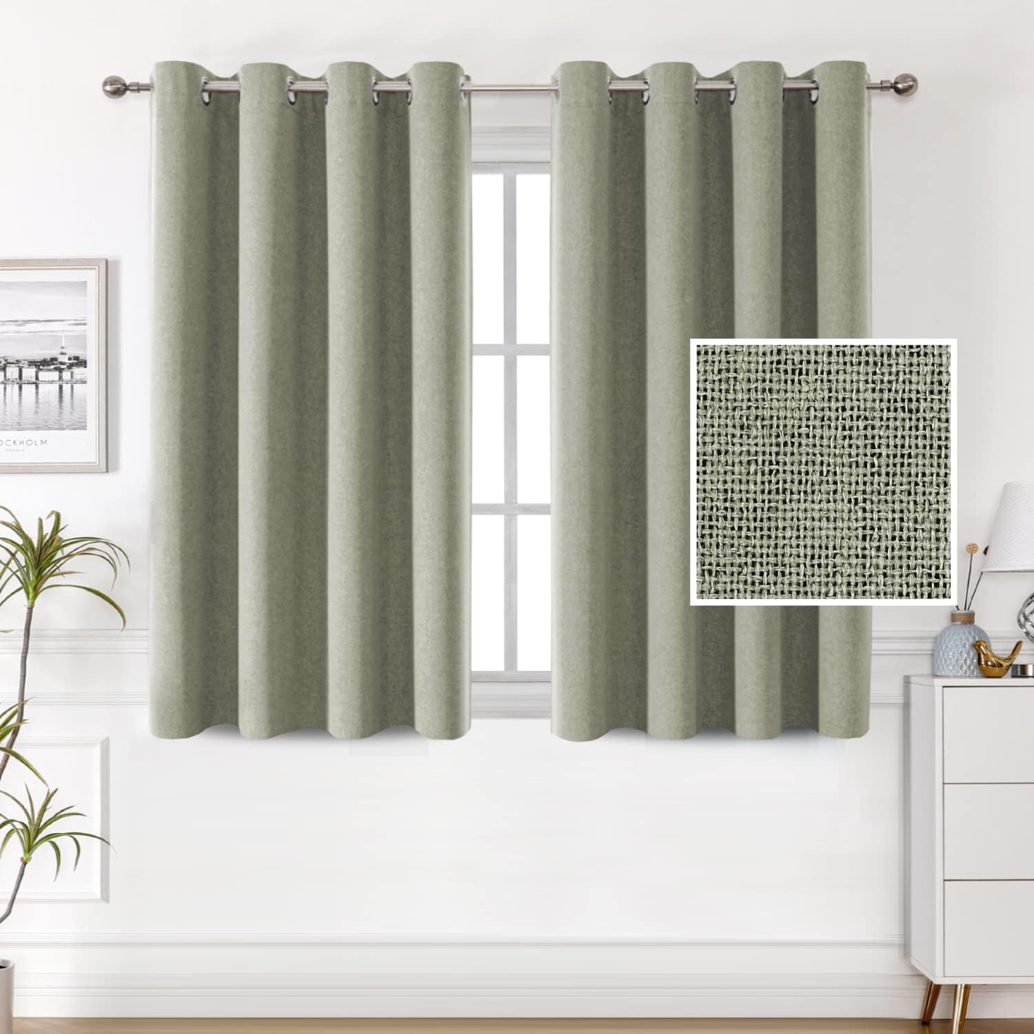 H.VERSAILTEX 100% Blackout Linen Curtains Thermal Insulated Textured Burlap Grommet Window Drapes 2 Panels