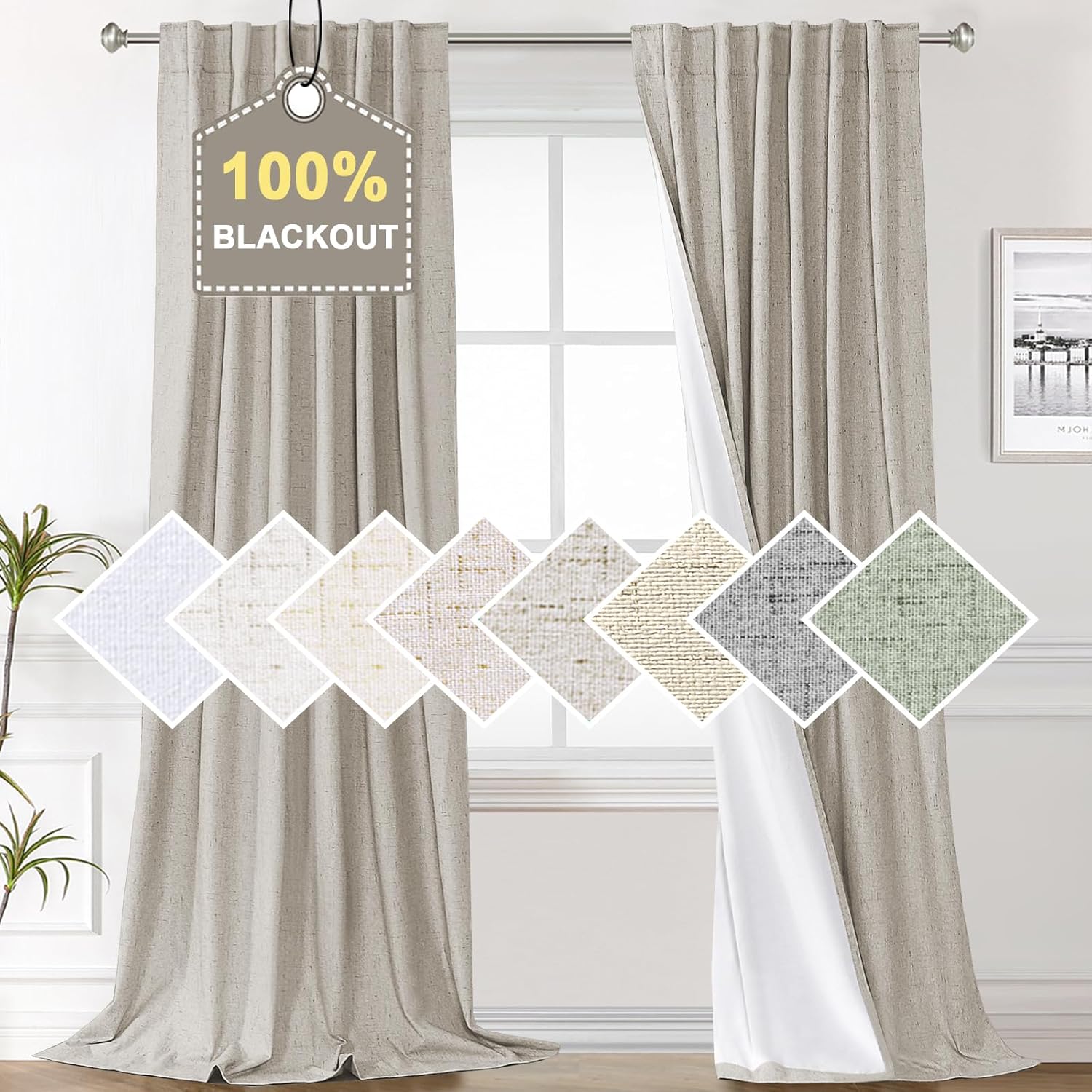 100% Blackout Curtains for Bedroom Faux Linen Texture Thermal Back Tab/Rod Pocket/Hook Belt Draperies 2 Panels