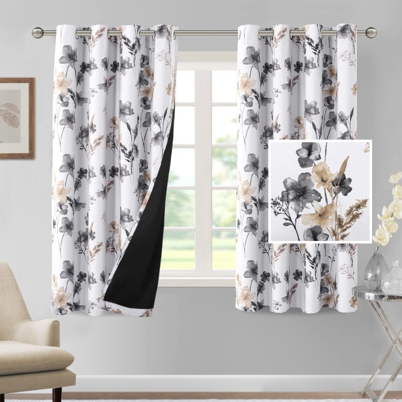 H.VERSAILTEX 100% Blackout Curtains for Living Room Camellia Floral Thermal Insulated Grommet Window Drapes 2 Panels