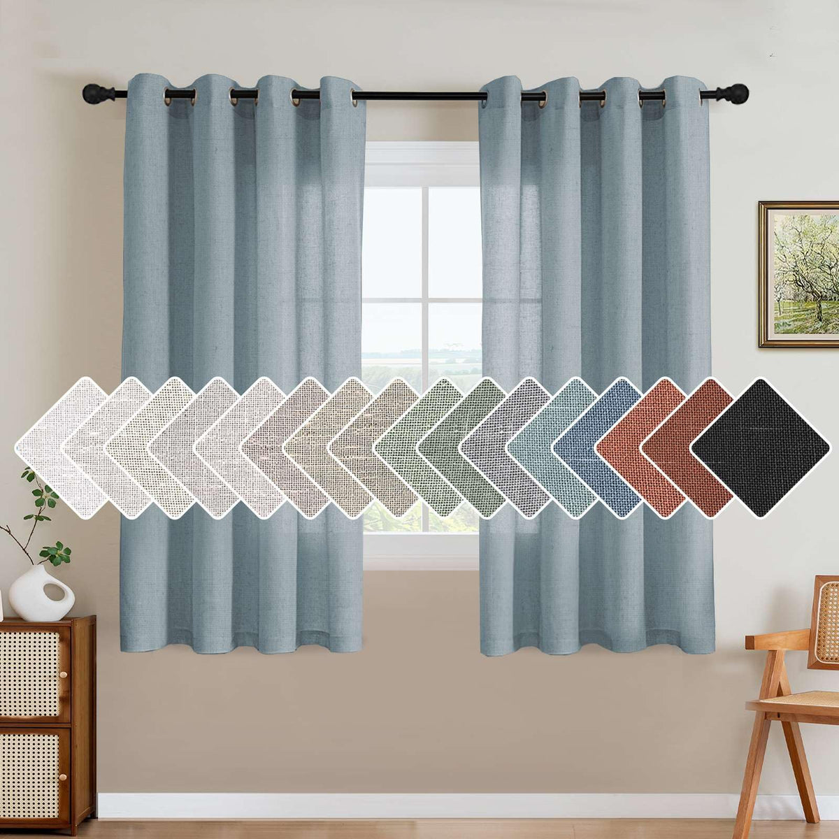 H.VERSAILTEX Natural Linen Curtains 63 inches Long for Living Room 2 Panels Back Tab Loop Pocket Textured Light Filtering Semi Sheer Curtains Rustic Farmhouse Boho Curtain for Bedroom, Sea Grass