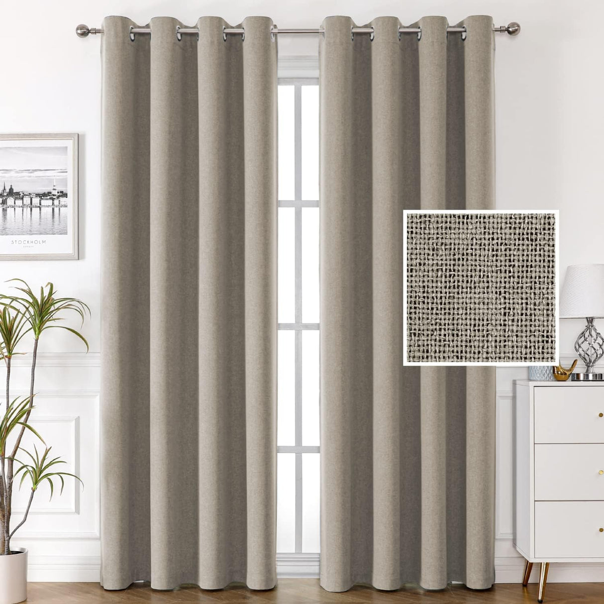 H.VERSAILTEX 100% Blackout Linen Curtains Thermal Insulated Textured Burlap Grommet Window Drapes 2 Panels
