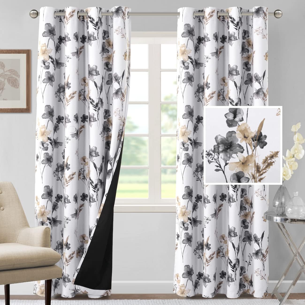 H.VERSAILTEX 100% Blackout Curtains for Living Room Camellia Floral Thermal Insulated Grommet Window Drapes 2 Panels