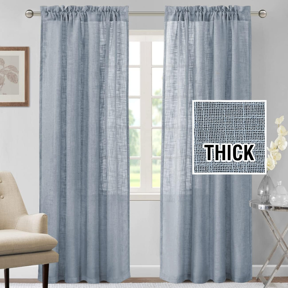 H.VERSAILTEX Linen Blended Curtains 84 Inches Long for Living Room and Bedroom - Light Filtering Rod Pocket, Burlap Textured, 2 Panel Sets, Stone Blue