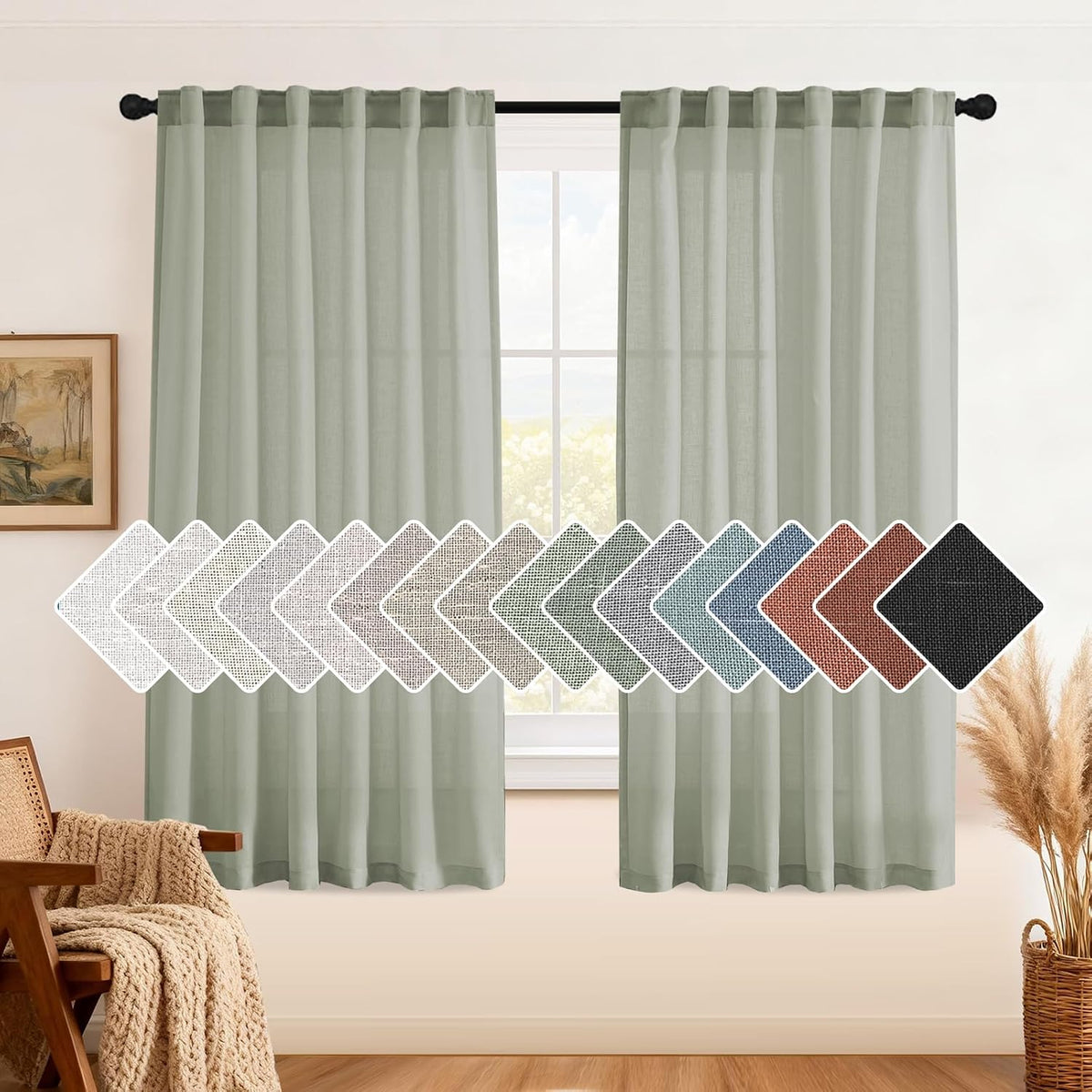 H.VERSAILTEX Natural Linen Curtains 63 inches Long for Living Room 2 Panels Back Tab Loop Pocket Textured Light Filtering Semi Sheer Curtains Rustic Farmhouse Boho Curtain for Bedroom, Sea Grass