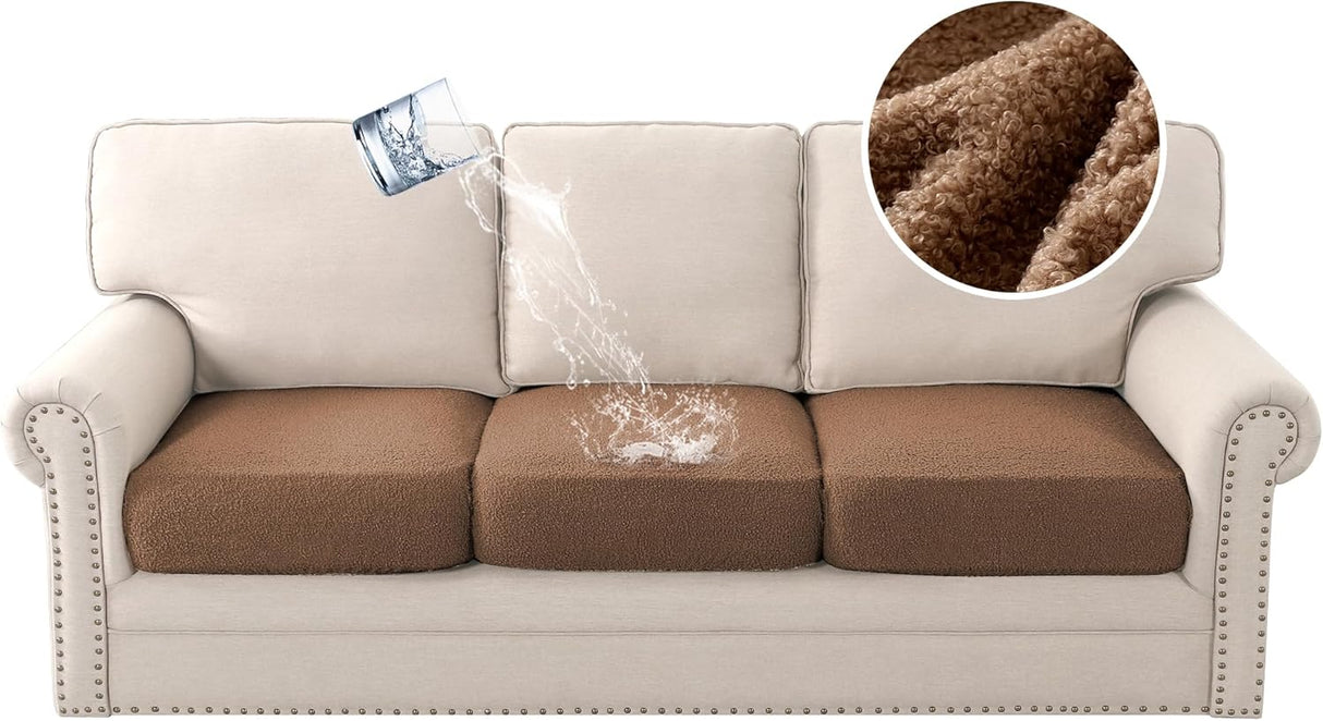 H.VERSAILTEX Waterproof Sofa Seat Cushion Covers Sofa Covers for Seating Couch Cushion Slipcover Protectors Non Slip Cushion Cover, Made of Looped Fleece Fabric Durable Sturdy (3 Pack, Caramel)