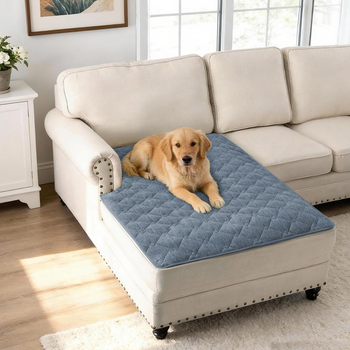H.VERSAILTEX Couch Cover Chenille Pet Fuzzy Sofa Covers for 3 Cushion Couch Anti Slip Washable Sofa Slipcovers with Strap Soft Couch Protector Cover for Dogs Cats Kids(36" x 74",Khaki)