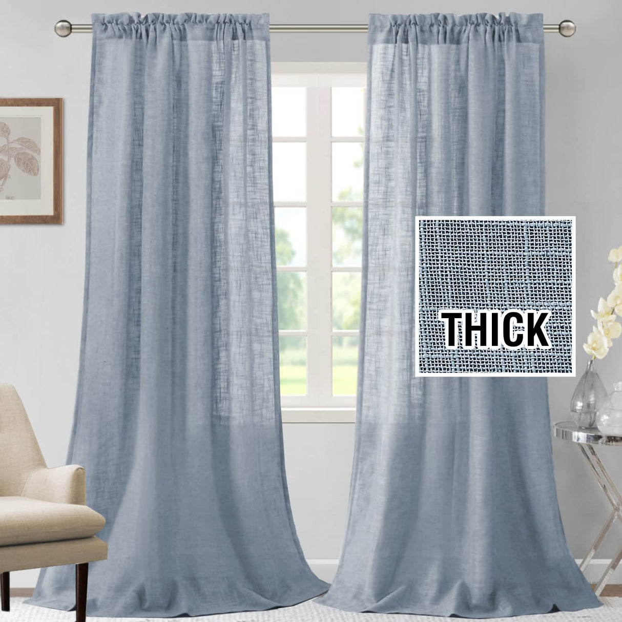 H.VERSAILTEX Linen Blended Curtains 84 Inches Long for Living Room and Bedroom - Light Filtering Rod Pocket, Burlap Textured, 2 Panel Sets, Stone Blue