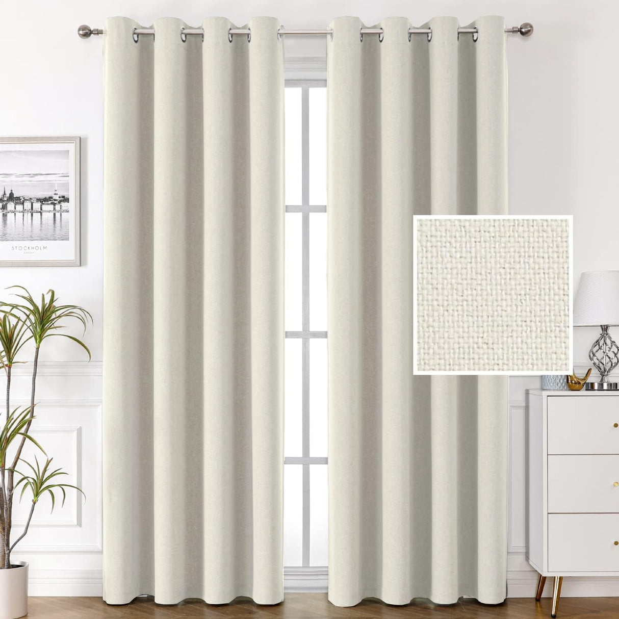 H.VERSAILTEX 100% Blackout Linen Curtains Thermal Insulated Textured Burlap Grommet Window Drapes 2 Panels