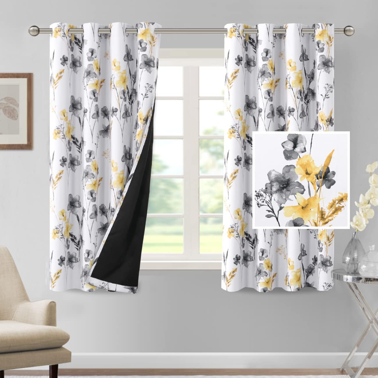 H.VERSAILTEX 100% Blackout Curtains for Living Room Camellia Floral Thermal Insulated Grommet Window Drapes 2 Panels