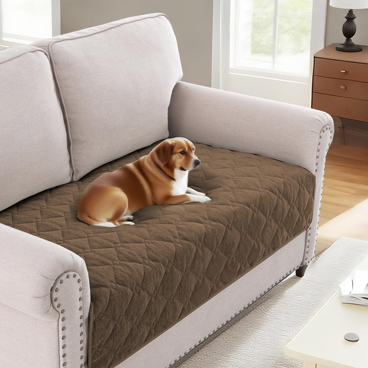 H.VERSAILTEX Couch Cover Chenille Pet Fuzzy Sofa Covers for 3 Cushion Couch Anti Slip Washable Sofa Slipcovers with Strap Soft Couch Protector Cover for Dogs Cats Kids(36" x 74",Khaki)