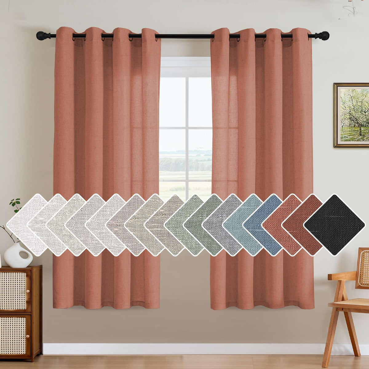 H.VERSAILTEX Natural Linen Curtains 63 inches Long for Living Room 2 Panels Back Tab Loop Pocket Textured Light Filtering Semi Sheer Curtains Rustic Farmhouse Boho Curtain for Bedroom, Sea Grass