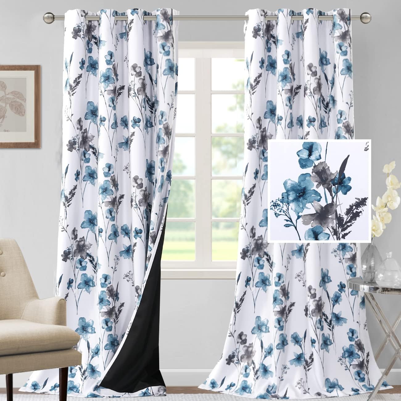 H.VERSAILTEX 100% Blackout Curtains for Living Room Camellia Floral Thermal Insulated Grommet Window Drapes 2 Panels