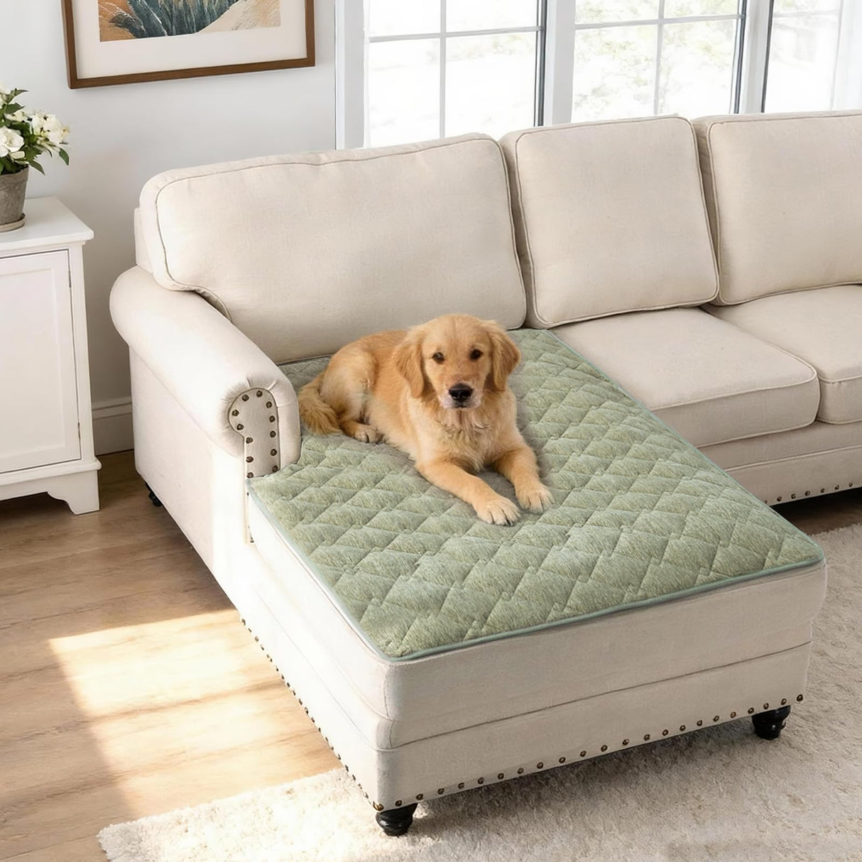 H.VERSAILTEX Couch Cover Chenille Pet Fuzzy Sofa Covers for 3 Cushion Couch Anti Slip Washable Sofa Slipcovers with Strap Soft Couch Protector Cover for Dogs Cats Kids(36" x 74",Khaki)