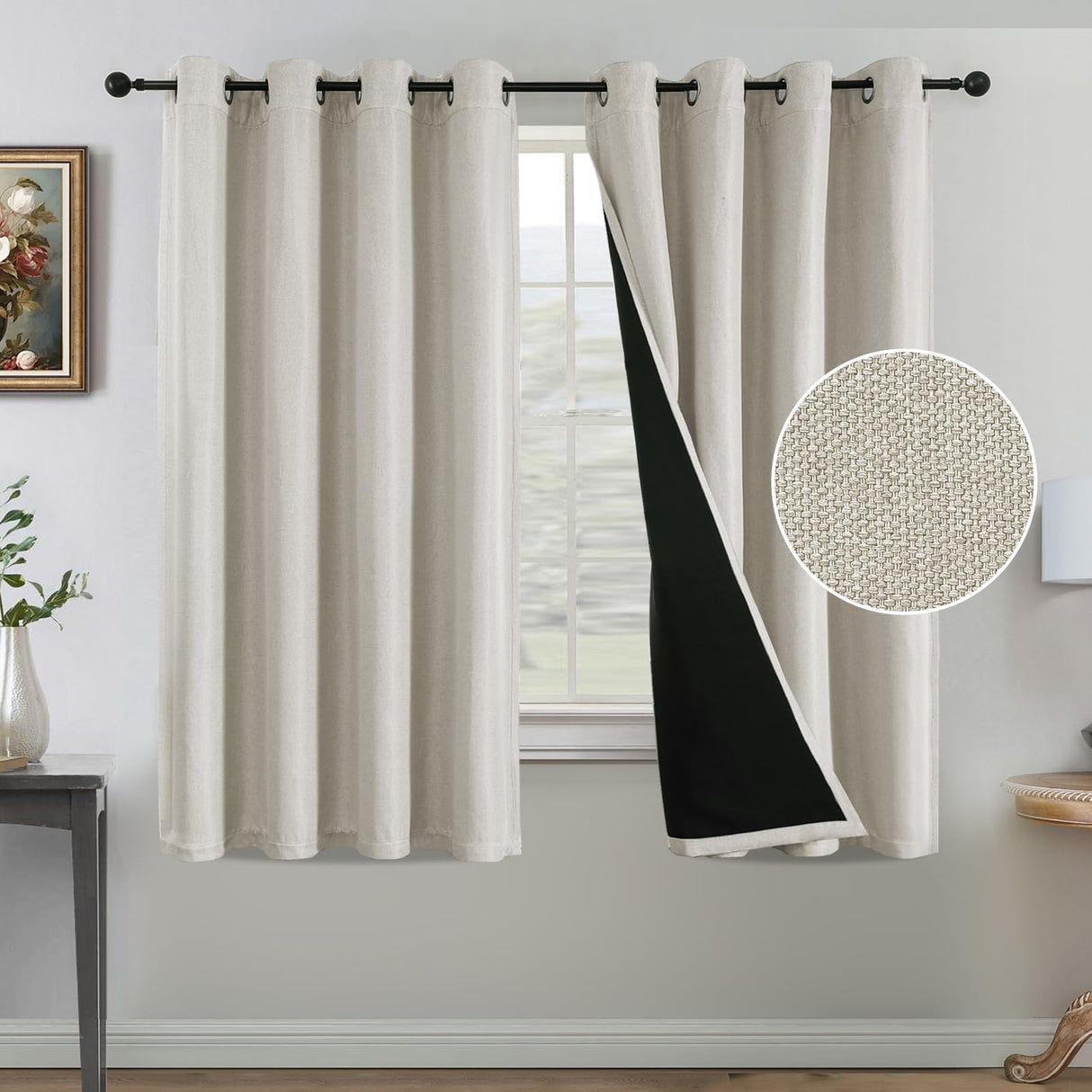H.VERSAILTEX Farmhouse Boho Curtains for Living Room, 90% Blackout Drapes for Bedroom Energy Efficient, 96 Inch Long Windows Grommet Curtains, Burlap Textured 2 Panels, W52 x L96in, Heather Ivory