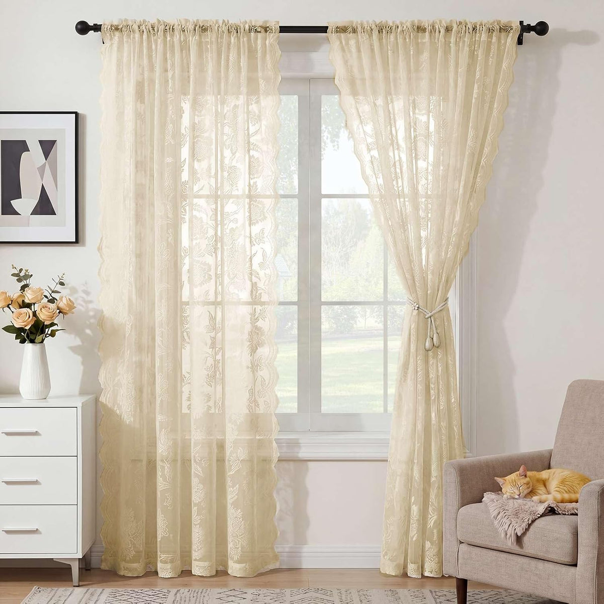 H.VERSAILTEX Cream Beige Lace Curtains 84 Inches Long 2 Panels, Rod Pocket