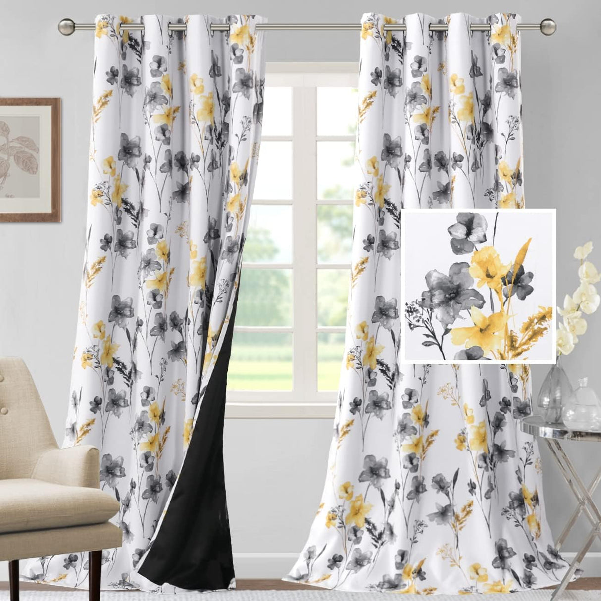 H.VERSAILTEX 100% Blackout Curtains for Living Room Camellia Floral Thermal Insulated Grommet Window Drapes 2 Panels