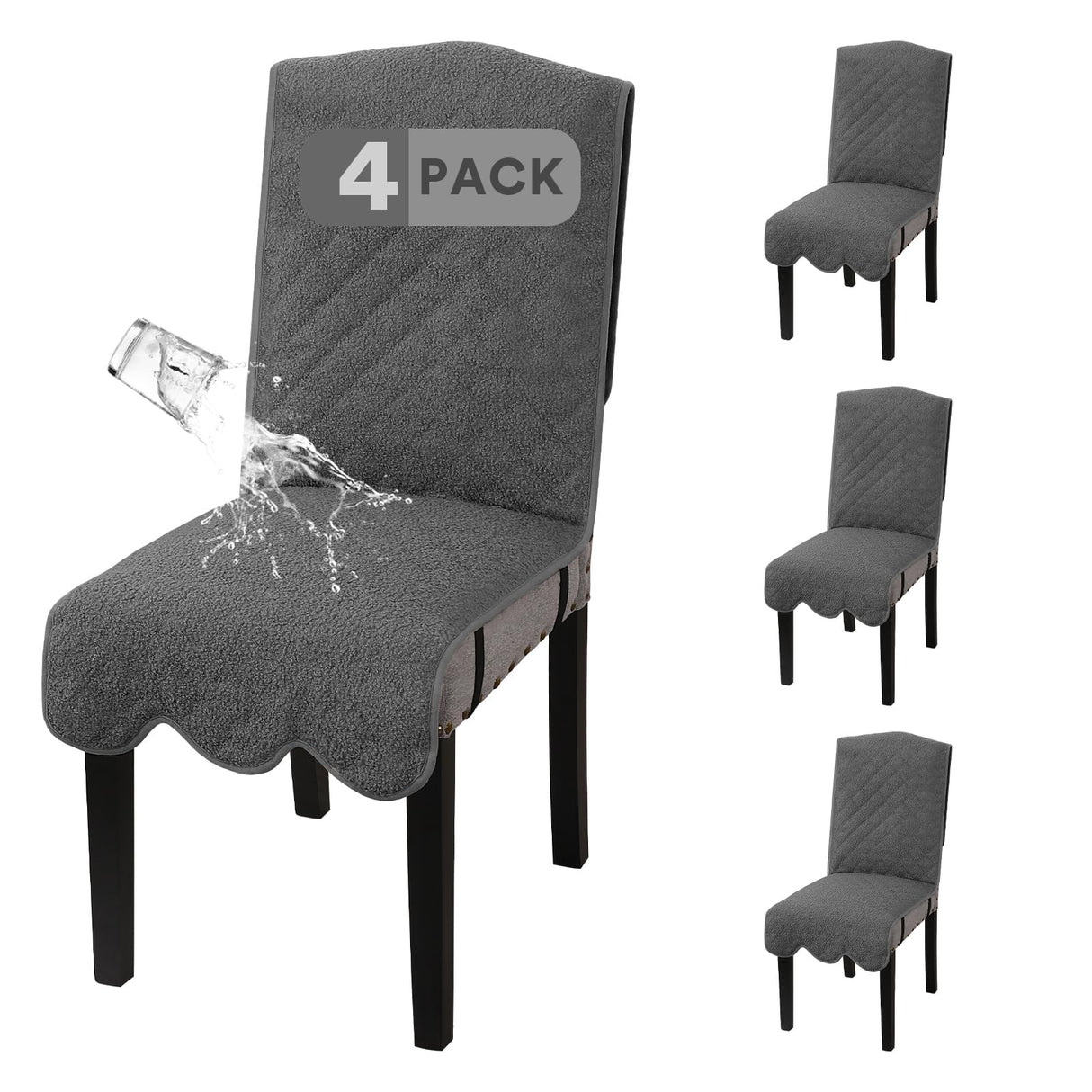 H.VERSAILTEX 100% Waterproof Dining Chair Covers Set of 6 Teddy Fleece Kitchen Chair Covers Parson Chair Slipcovers for Kitchen Dining Room, Charcoal