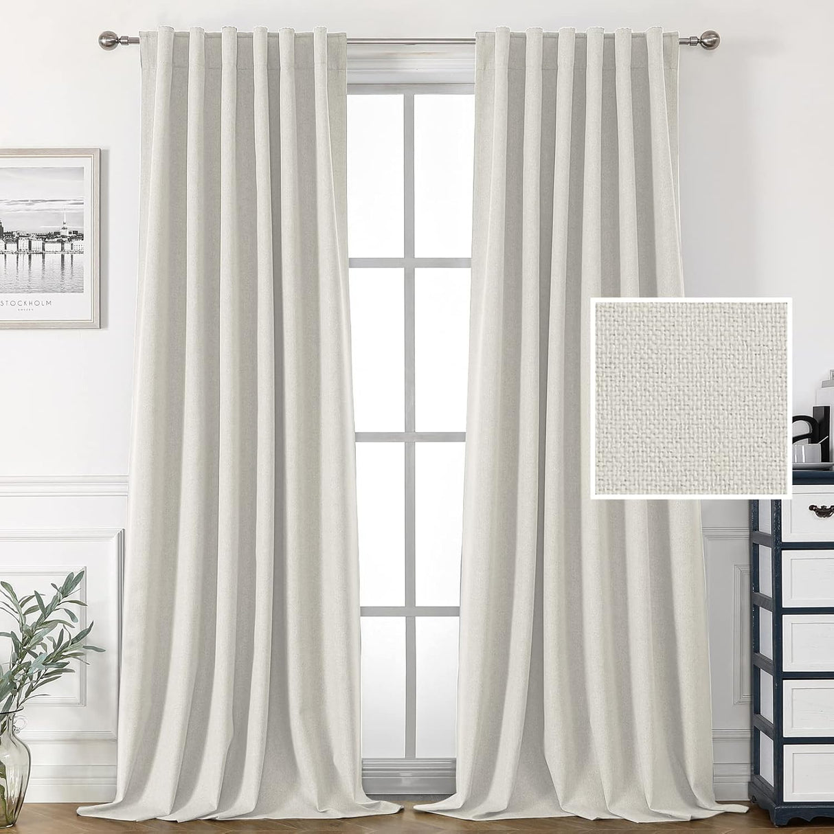 H.VERSAILTEX 100% Blackout Linen Look Curtains for Bedroom Double Face Linen Back Tab Loop Pocket Textured Burlap 2 Panels