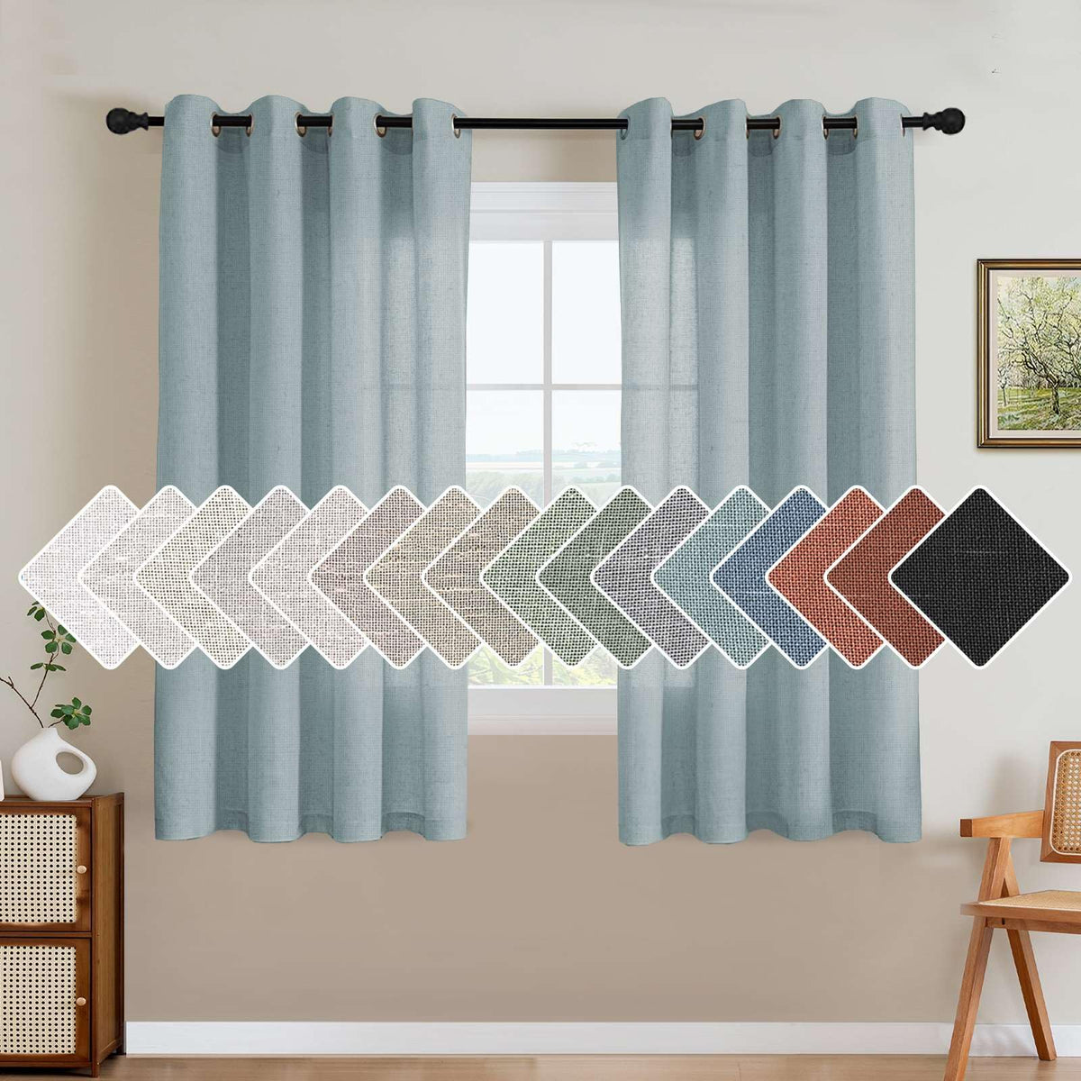 H.VERSAILTEX Natural Linen Curtains 63 inches Long for Living Room 2 Panels Back Tab Loop Pocket Textured Light Filtering Semi Sheer Curtains Rustic Farmhouse Boho Curtain for Bedroom, Sea Grass