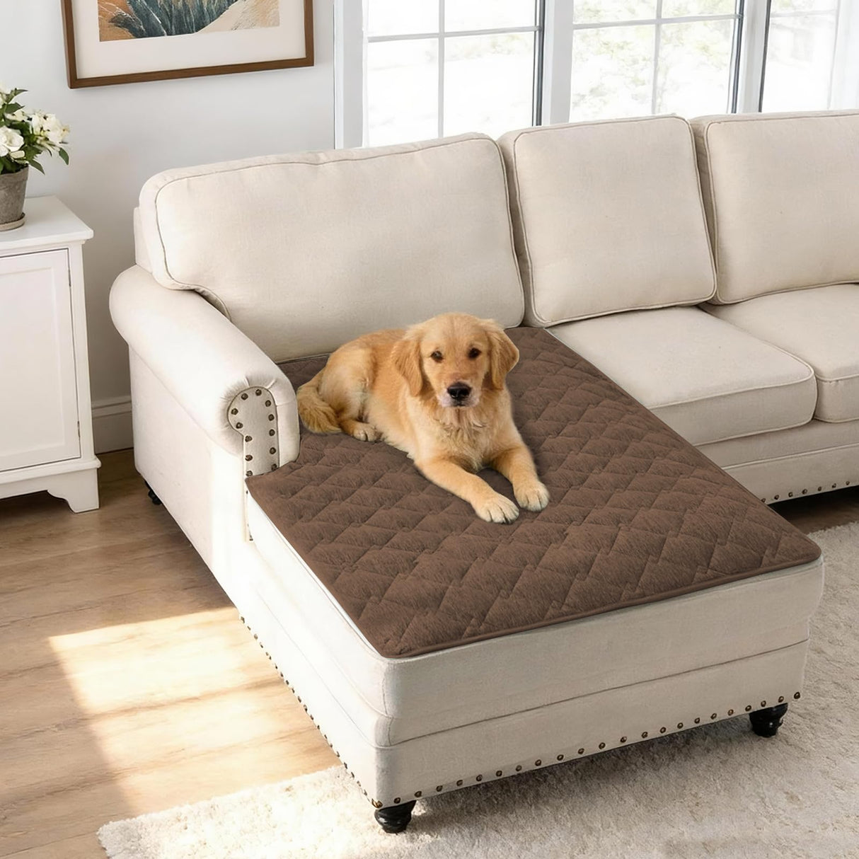H.VERSAILTEX Couch Cover Chenille Pet Fuzzy Sofa Covers for 3 Cushion Couch Anti Slip Washable Sofa Slipcovers with Strap Soft Couch Protector Cover for Dogs Cats Kids(36" x 74",Khaki)