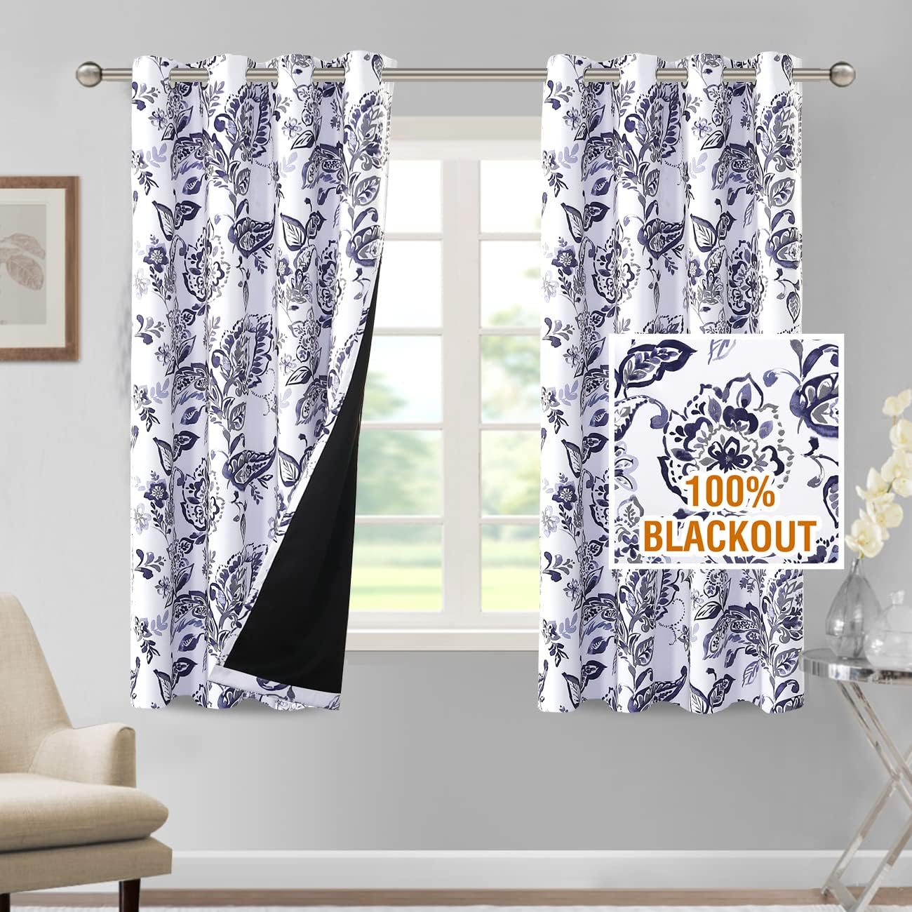 H.VERSAILTEX 100% Blackout Curtains for Living Room Camellia Floral Thermal Insulated Grommet Window Drapes 2 Panels
