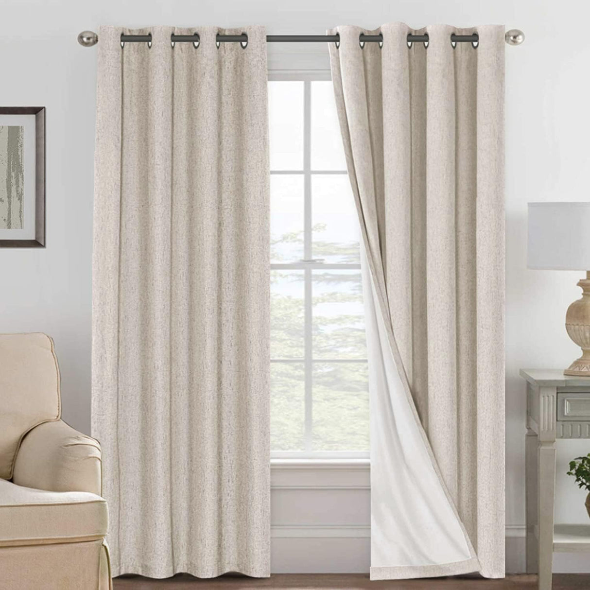 Linen Blackout Thermal Insulated  White Liner Grommet Top Curtains