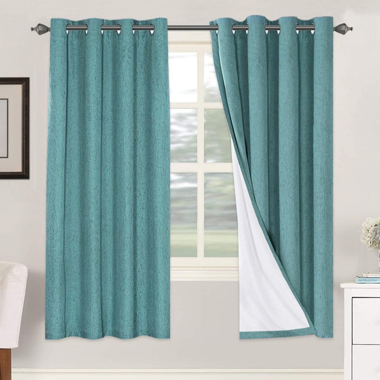 Linen Blackout Thermal Insulated  White Liner Grommet Top Curtains