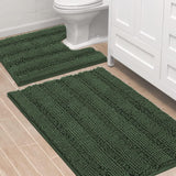 2pcs Sage Bathroom Rugs, Bath Mat Set of 2 Extra Thick Chenille Striped Pattern Shaggy Bath Rugs for Bathroom