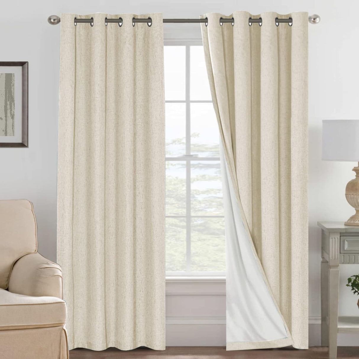 Linen Blackout Thermal Insulated  White Liner Grommet Top Curtains