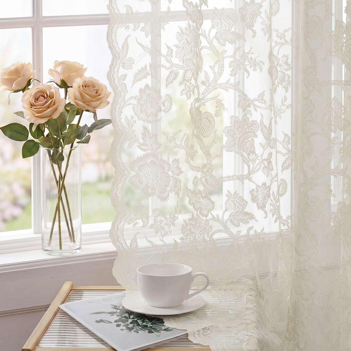 H.VERSAILTEX Cream Beige Lace Curtains 84 Inches Long 2 Panels, Rod Pocket