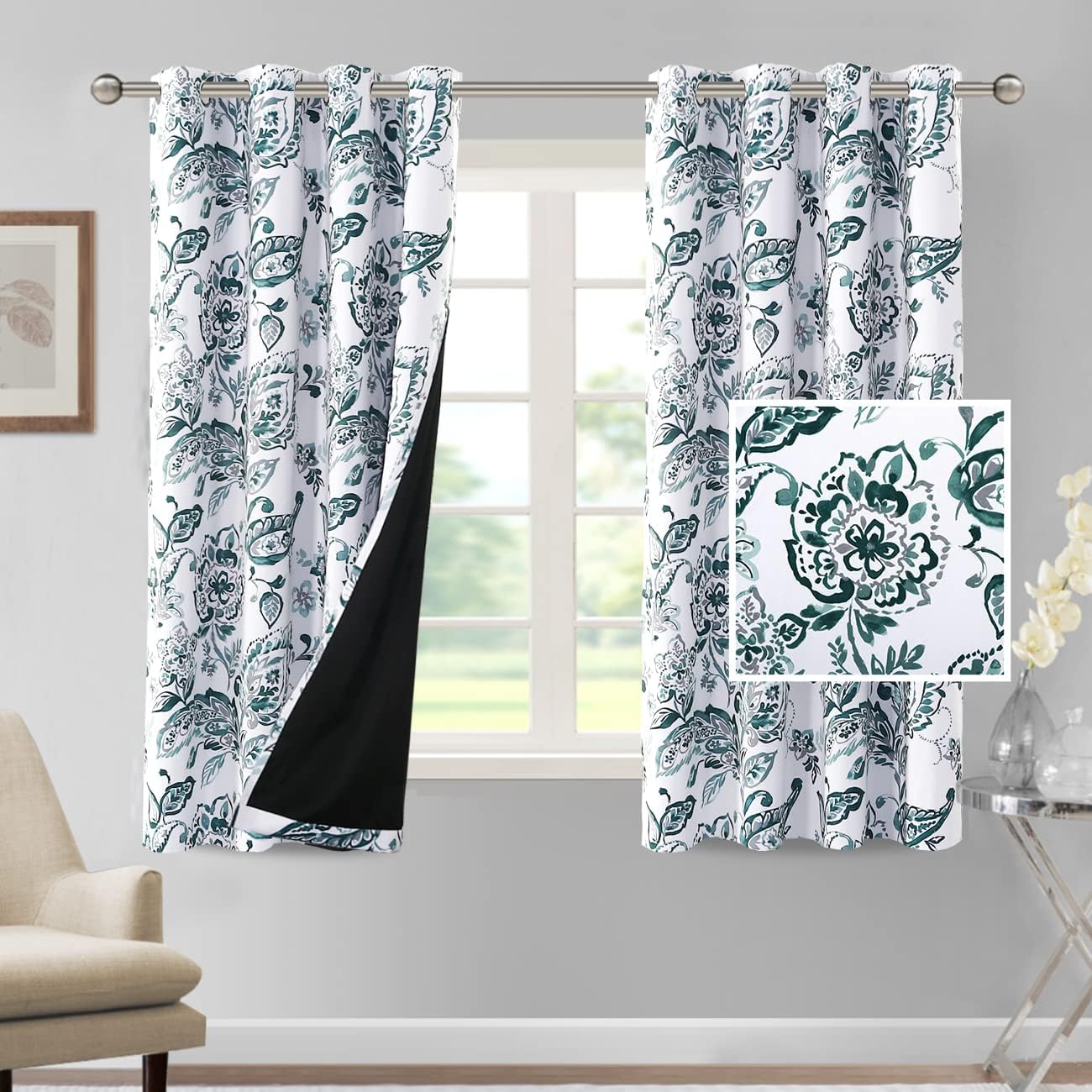 H.VERSAILTEX 100% Blackout Curtains for Living Room Camellia Floral Thermal Insulated Grommet Window Drapes 2 Panels