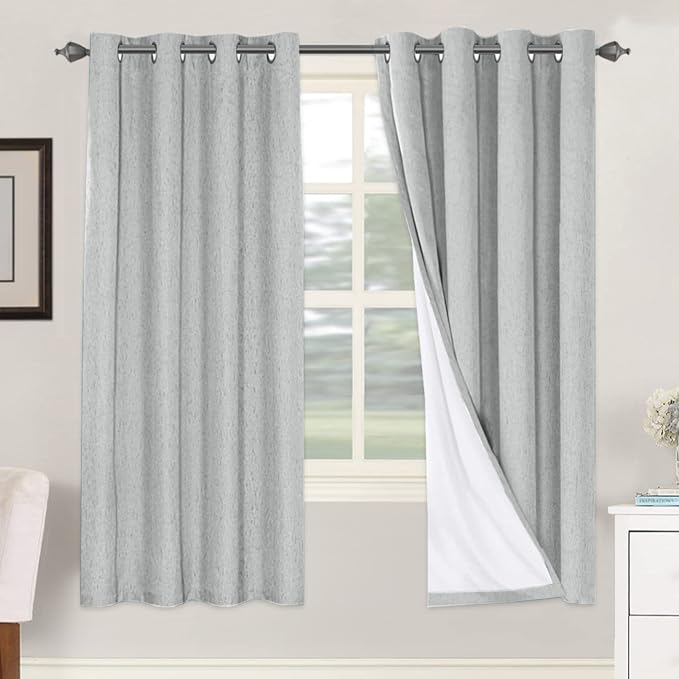 Linen Blackout Thermal Insulated  White Liner Grommet Top Curtains