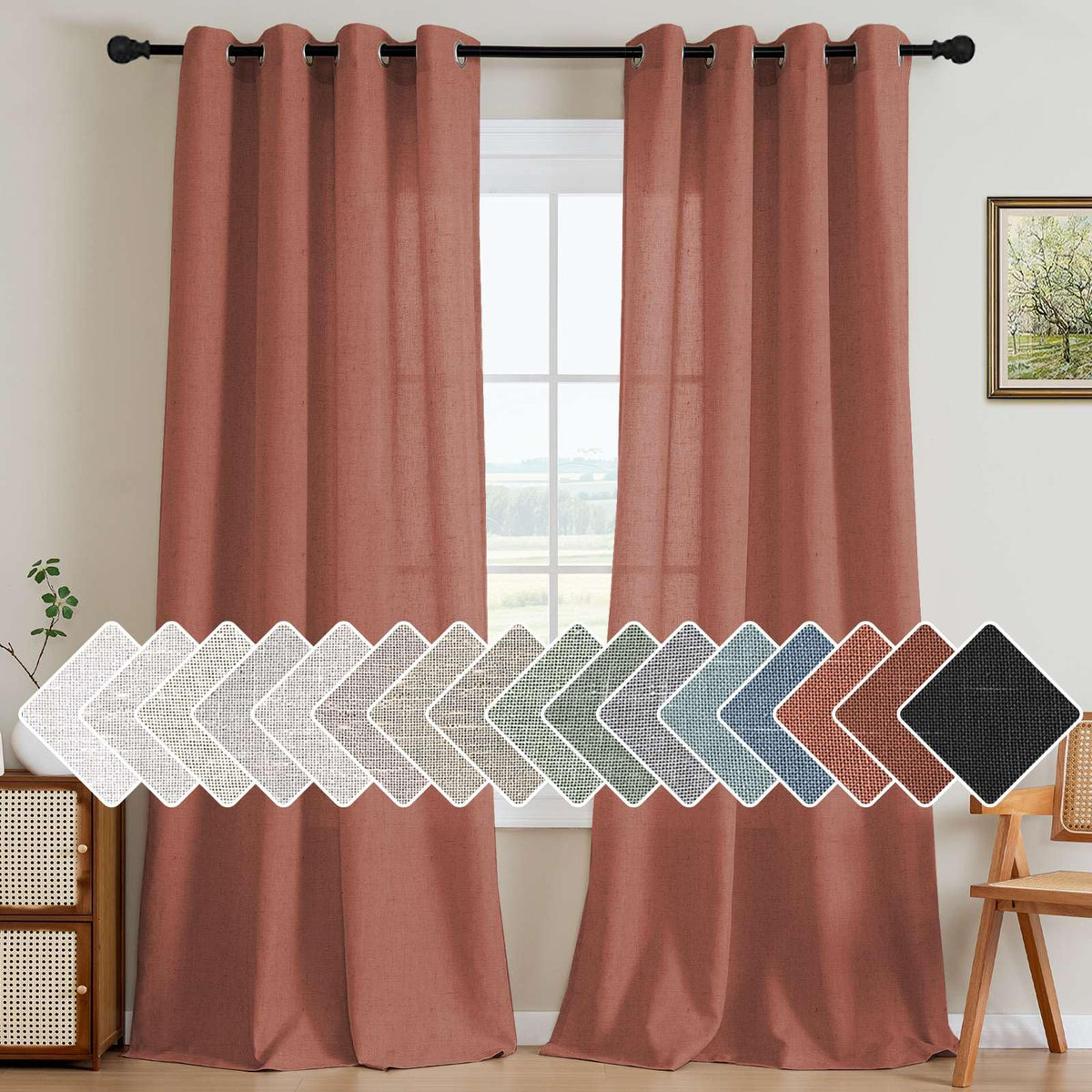 H.VERSAILTEX Natural Linen Curtains 63 inches Long for Living Room 2 Panels Back Tab Loop Pocket Textured Light Filtering Semi Sheer Curtains Rustic Farmhouse Boho Curtain for Bedroom, Sea Grass