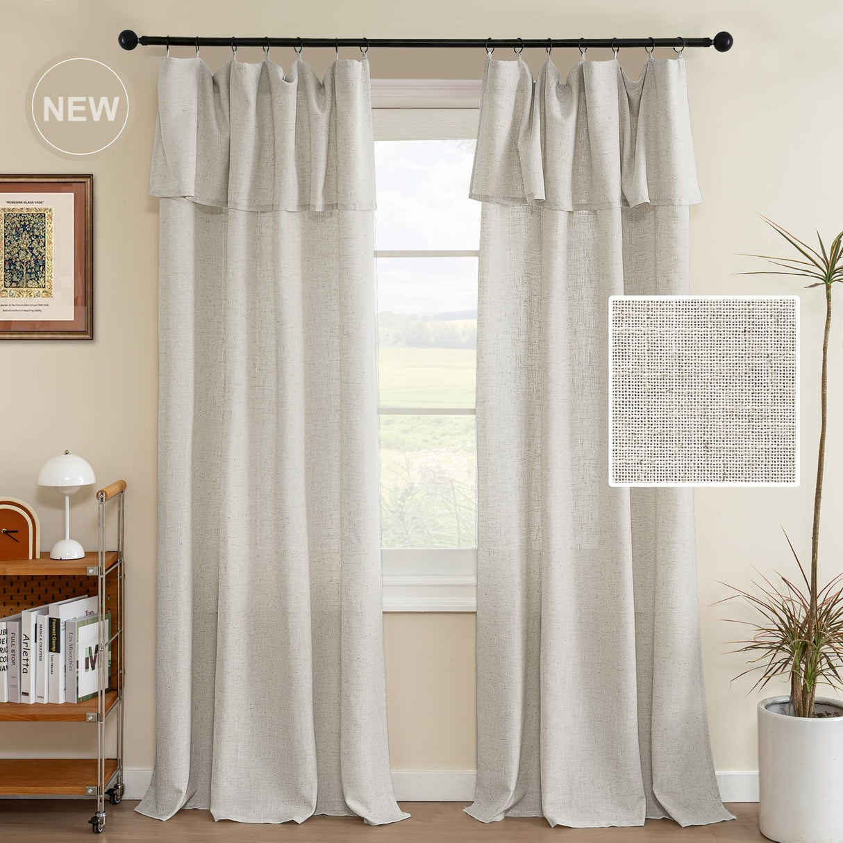 H.VERSAILTEX Linen Curtains with Attached Valance 95 Inch Length for Living Room Boho Window Drapes 2 Panels Set for Farmhouse Semi-Sheer Treatments Rod Pocket/Ring Top for Bedroom 52 x 95 Inch, Linen
