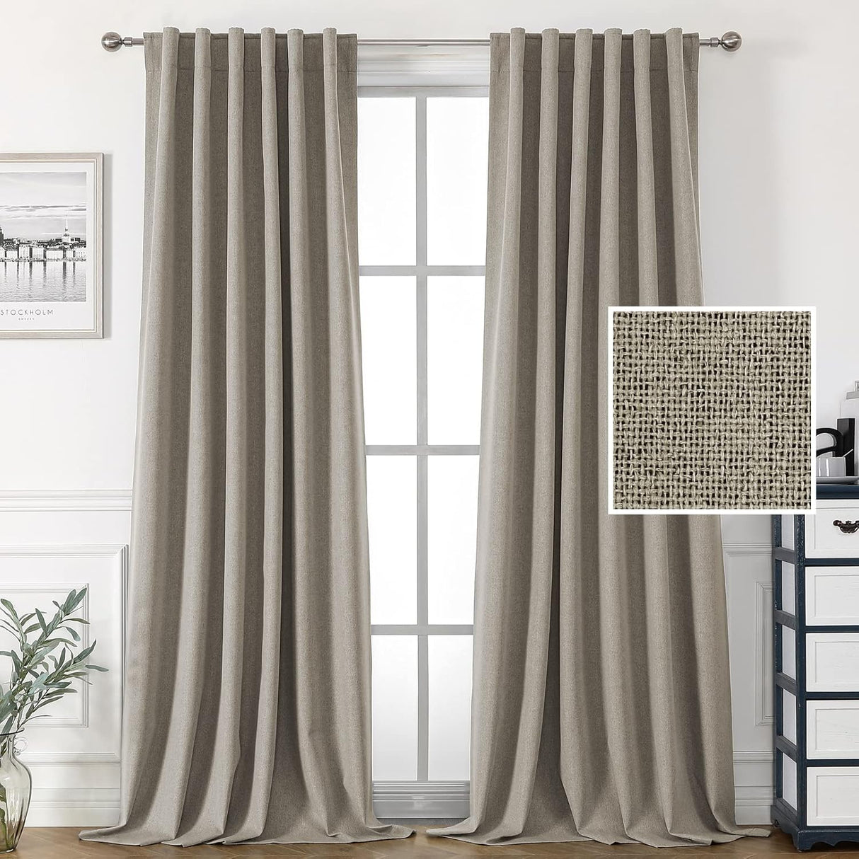 H.VERSAILTEX 100% Blackout Linen Look Curtains for Bedroom Double Face Linen Back Tab Loop Pocket Textured Burlap 2 Panels