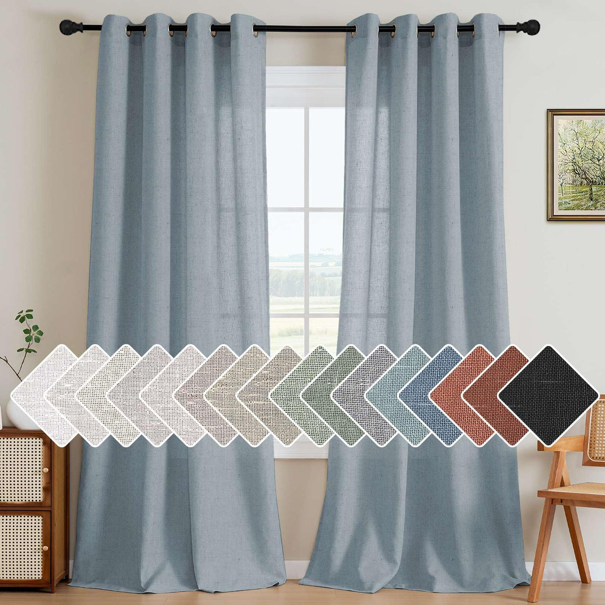 H.VERSAILTEX Natural Linen Curtains 63 inches Long for Living Room 2 Panels Back Tab Loop Pocket Textured Light Filtering Semi Sheer Curtains Rustic Farmhouse Boho Curtain for Bedroom, Sea Grass