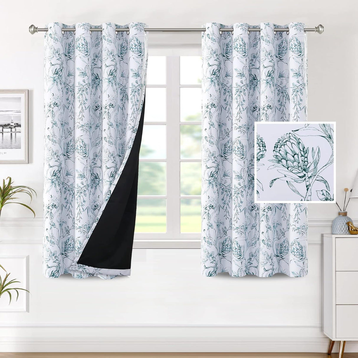 H.VERSAILTEX 100% Blackout Curtains for Living Room Camellia Floral Thermal Insulated Grommet Window Drapes 2 Panels