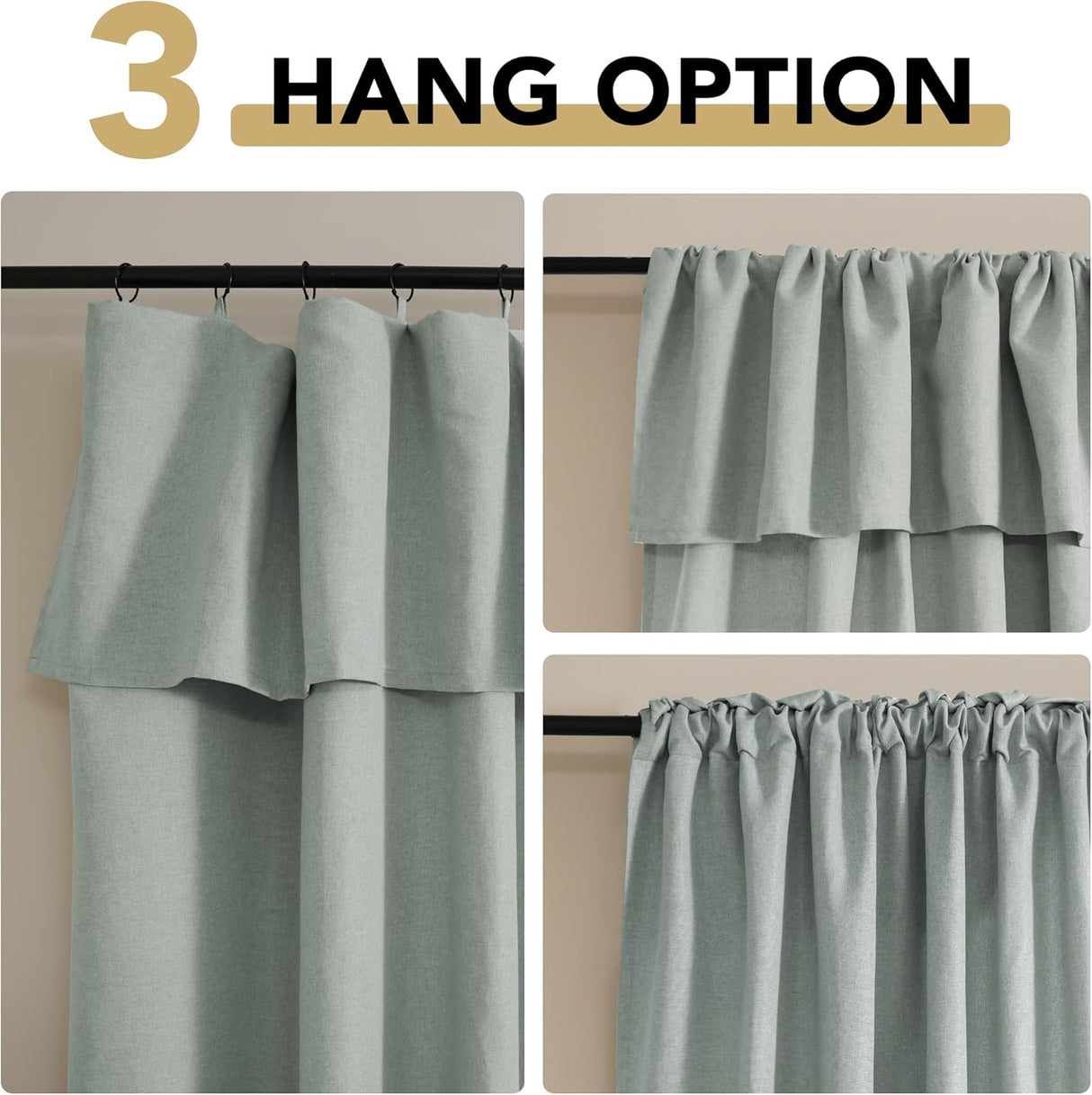 H.VERSAILTEX Linen Curtains with Valance 84 Inch Long 2 Panels Farmhouse Boho Privacy Window Curtains for Living Room Bedroom Ring/Rod Pocket Privacy Light Filtering Drapes, 52x 84 Inch, Heather Sage