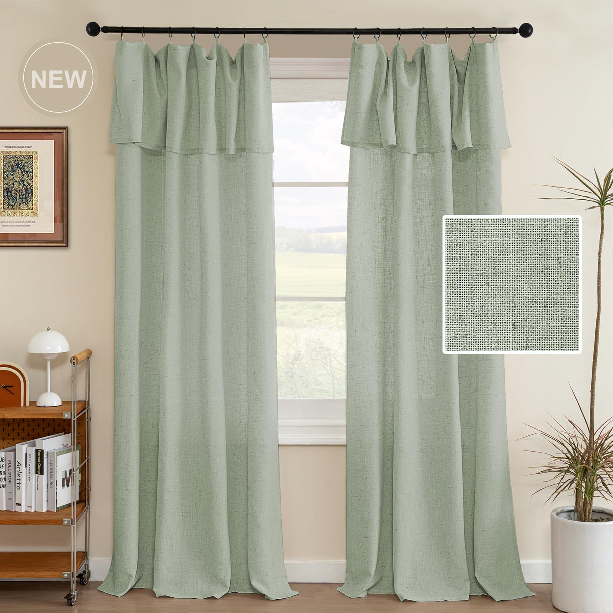 H.VERSAILTEX Linen Curtains with Attached Valance 95 Inch Length for Living Room Boho Window Drapes 2 Panels Set for Farmhouse Semi-Sheer Treatments Rod Pocket/Ring Top for Bedroom 52 x 95 Inch, Linen