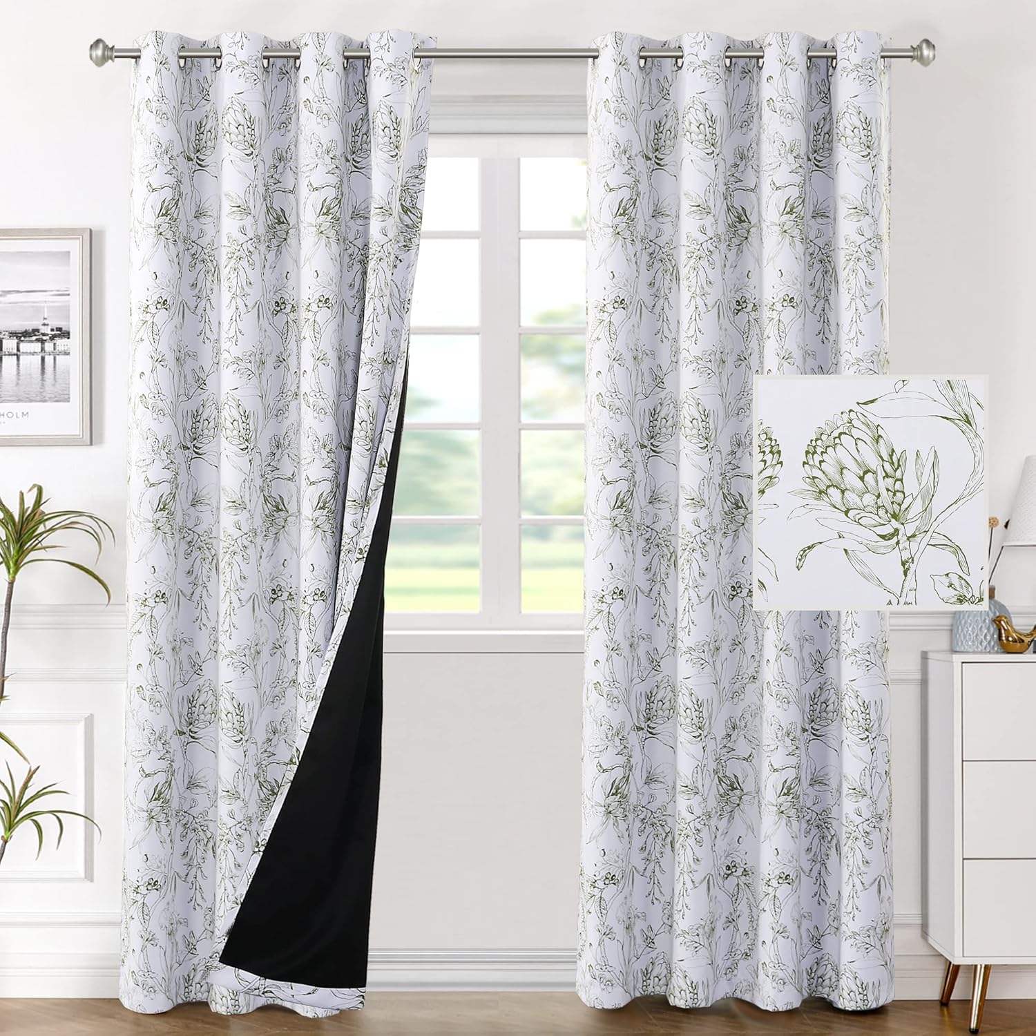 H.VERSAILTEX 100% Blackout Curtains for Living Room Camellia Floral Thermal Insulated Grommet Window Drapes 2 Panels