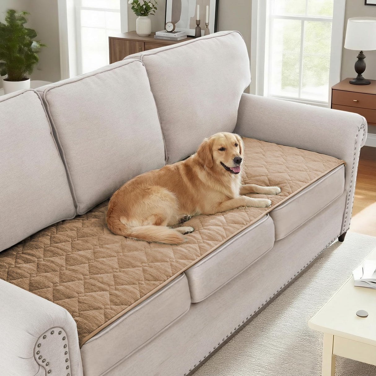 H.VERSAILTEX Couch Cover Chenille Pet Fuzzy Sofa Covers for 3 Cushion Couch Anti Slip Washable Sofa Slipcovers with Strap Soft Couch Protector Cover for Dogs Cats Kids(36" x 74",Khaki)