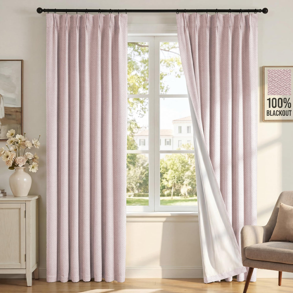 H.VERSAILTEX Ivory Pinch Pleated 100% Blackout Curtains 84 Inches Long