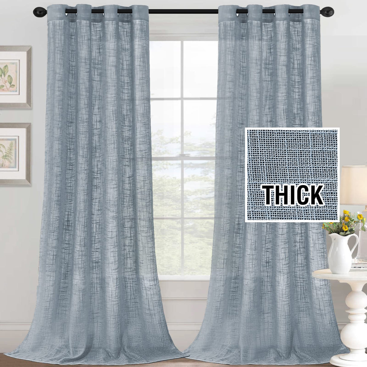 H.VERSAILTEX Linen Blended Curtains - Natural Linen Textured, Light Filtering Nickel Grommet 2 Panel Sets, 52" x 84", Angora for Living Room & Bedroom
