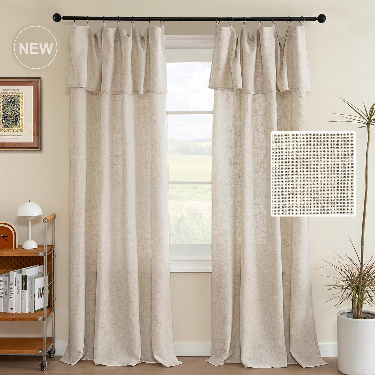 H.VERSAILTEX Linen Curtains with Attached Valance 95 Inch Length for Living Room Boho Window Drapes 2 Panels Set for Farmhouse Semi-Sheer Treatments Rod Pocket/Ring Top for Bedroom 52 x 95 Inch, Linen