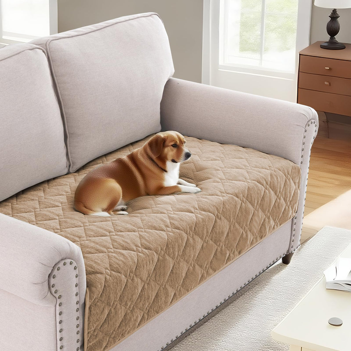 H.VERSAILTEX Couch Cover Chenille Pet Fuzzy Sofa Covers for 3 Cushion Couch Anti Slip Washable Sofa Slipcovers with Strap Soft Couch Protector Cover for Dogs Cats Kids(36" x 74",Khaki)